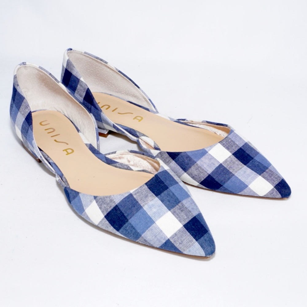 Unisa Blue & White Plaid D'Orsay Pointed-Toe Flats, Size 8